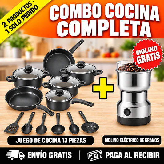 2 PRODUCTOS POR EL PRECIO DE 1 — Juego de Cocina ANTIADHERENTE 13 Piezas + Molino Eléctrico GRATIS