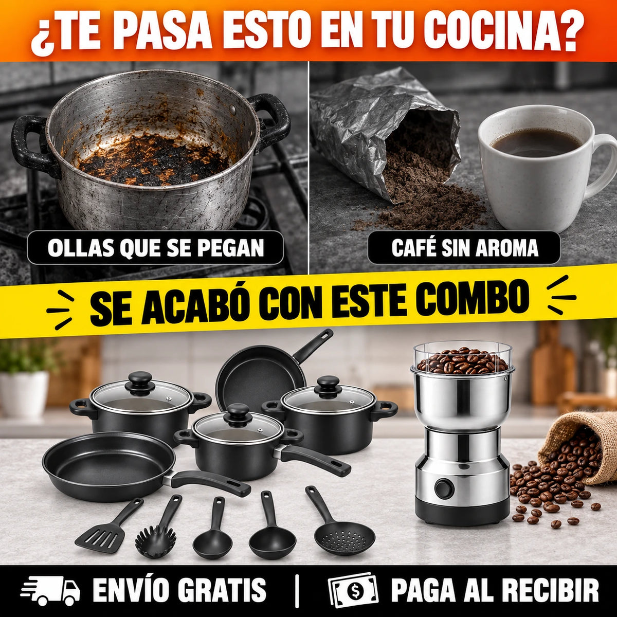 2 PRODUCTOS POR EL PRECIO DE 1 — Juego de Cocina ANTIADHERENTE 13 Piezas + Molino Eléctrico GRATIS