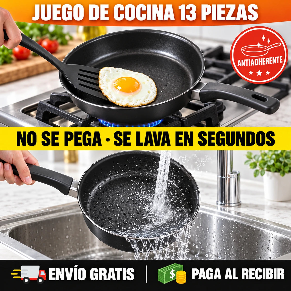 2 PRODUCTOS POR EL PRECIO DE 1 — Juego de Cocina ANTIADHERENTE 13 Piezas + Molino Eléctrico GRATIS