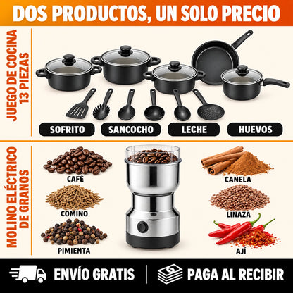 2 PRODUCTOS POR EL PRECIO DE 1 — Juego de Cocina ANTIADHERENTE 13 Piezas + Molino Eléctrico GRATIS