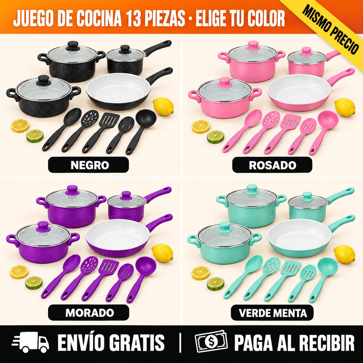 2 PRODUCTOS POR EL PRECIO DE 1 — Juego de Cocina ANTIADHERENTE 13 Piezas + Molino Eléctrico GRATIS